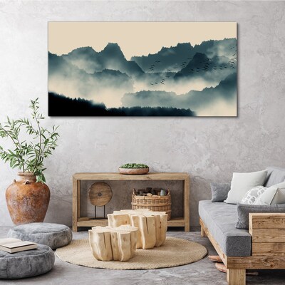Tablou canvas Peisaj de munte cețos cu păsări