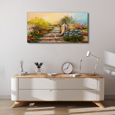 Tablou canvas Gradina de flori cu fantana