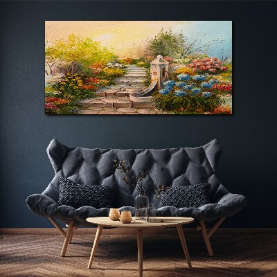 Tablou canvas Gradina de flori cu fantana