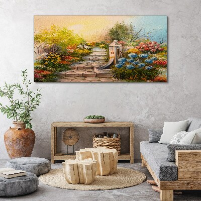 Tablou canvas Gradina de flori cu fantana