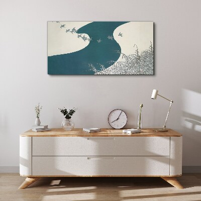 Tablou canvas Un râu calm cu păsări care zboară departe