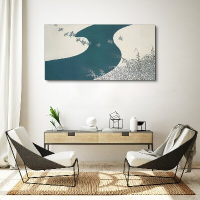 Tablou canvas Un râu calm cu păsări care zboară departe