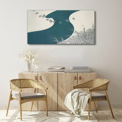 Tablou canvas Un râu calm cu păsări care zboară departe