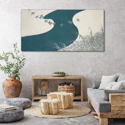 Tablou canvas Un râu calm cu păsări care zboară departe