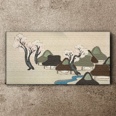Tablou canvas Un peisaj liniștit cu case și copaci