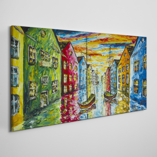 Tablou canvas Case colorate lângă râu