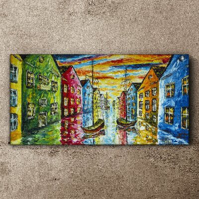 Tablou canvas Case colorate lângă râu