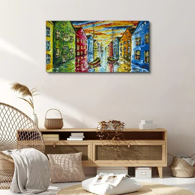 Tablou canvas Case colorate lângă râu