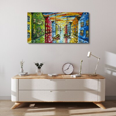 Tablou canvas Case colorate lângă râu