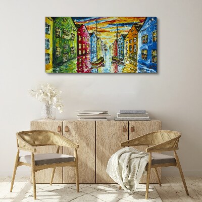 Tablou canvas Case colorate lângă râu