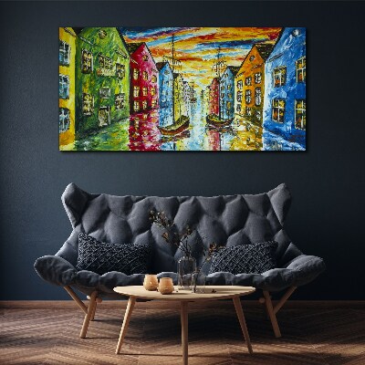 Tablou canvas Case colorate lângă râu