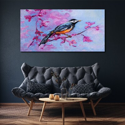 Tablou canvas Pasăre de primăvară pe ramuri roz