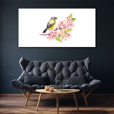 Tablou canvas Pasăre pe o ramură cu flori