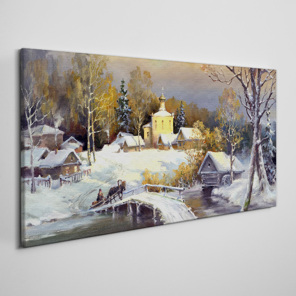 Tablou canvas Peisaj de iarnă cu o biserică din sat