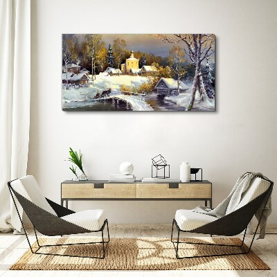 Tablou canvas Peisaj de iarnă cu o biserică din sat