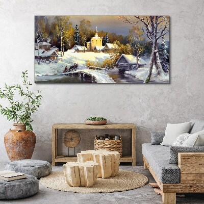 Tablou canvas Peisaj de iarnă cu o biserică din sat