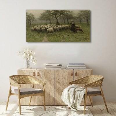Tablou canvas sătean arbore oaie cioban