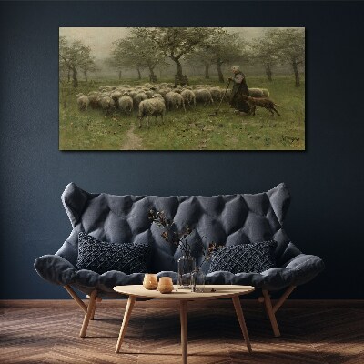 Tablou canvas sătean arbore oaie cioban