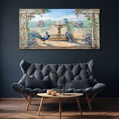Tablou canvas Peisaj cu un păun și o fântână