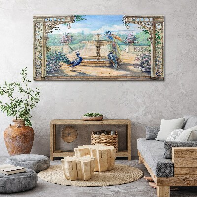 Tablou canvas Peisaj cu un păun și o fântână