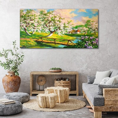 Tablou canvas Peisaj de primăvară cu un pod