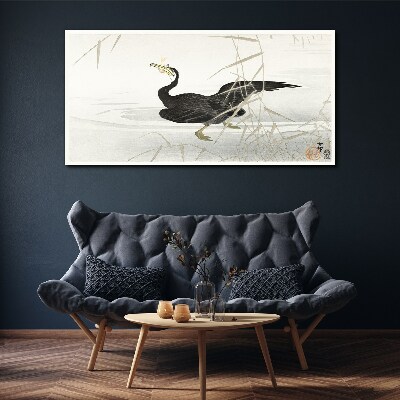 Tablou canvas Cormoran negru printre stuf
