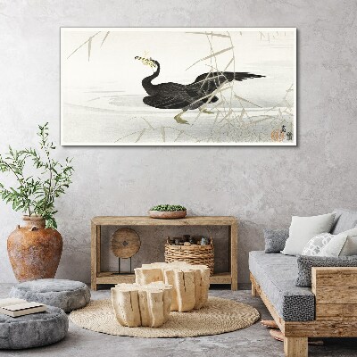 Tablou canvas Cormoran negru printre stuf