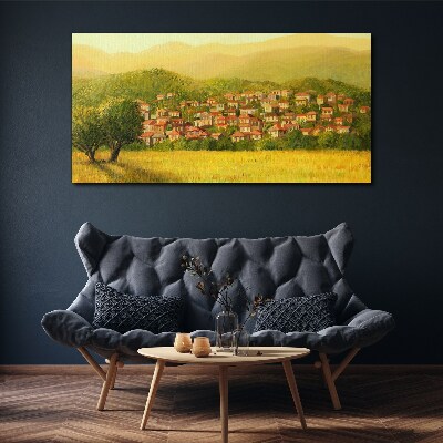Tablou canvas Un sat însorit printre dealuri