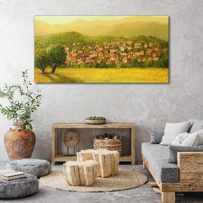 Tablou canvas Un sat însorit printre dealuri