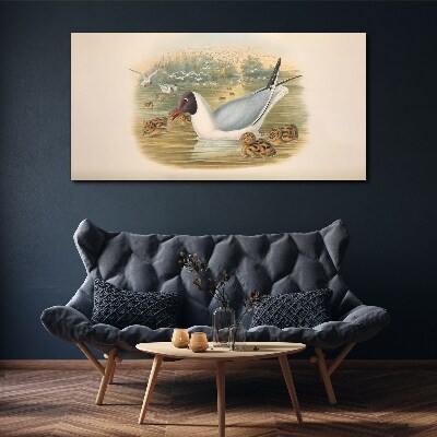 Tablou canvas Pescăruș cu puii în apă
