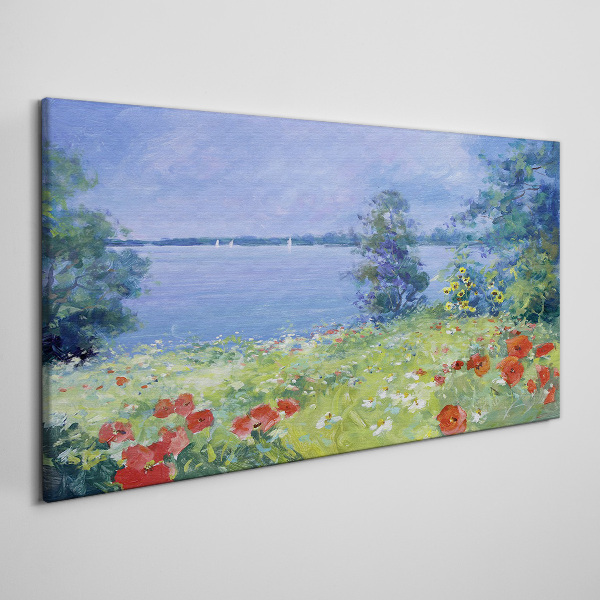 Tablou canvas Peisaj cu flori pe malul lacului