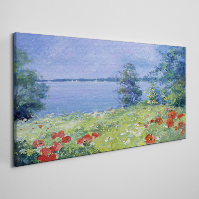 Tablou canvas Peisaj cu flori pe malul lacului