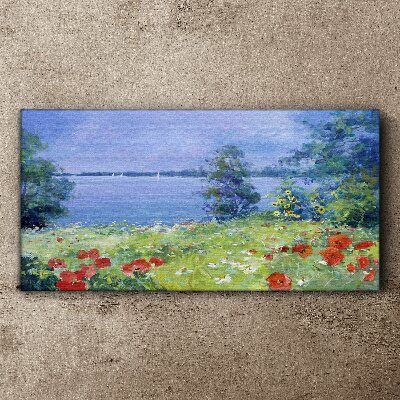 Tablou canvas Peisaj cu flori pe malul lacului