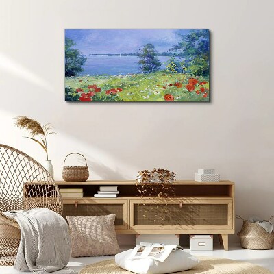 Tablou canvas Peisaj cu flori pe malul lacului