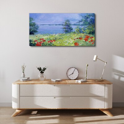 Tablou canvas Peisaj cu flori pe malul lacului