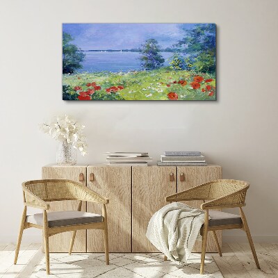 Tablou canvas Peisaj cu flori pe malul lacului