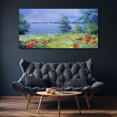 Tablou canvas Peisaj cu flori pe malul lacului