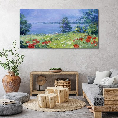 Tablou canvas Peisaj cu flori pe malul lacului