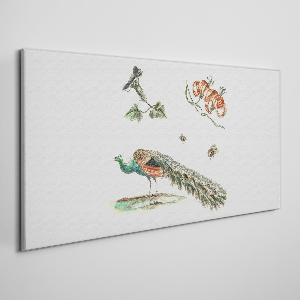 Tablou canvas Păun printre flori și insecte