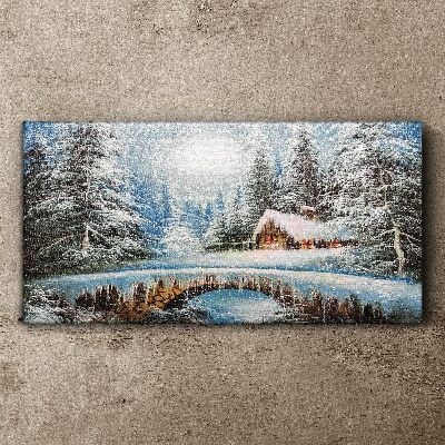 Tablou canvas Peisaj de iarnă cu o cabană în pădure