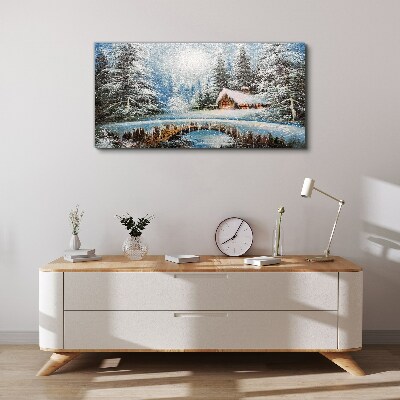 Tablou canvas Peisaj de iarnă cu o cabană în pădure