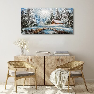Tablou canvas Peisaj de iarnă cu o cabană în pădure