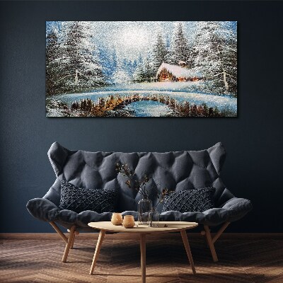 Tablou canvas Peisaj de iarnă cu o cabană în pădure