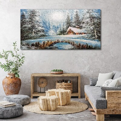 Tablou canvas Peisaj de iarnă cu o cabană în pădure