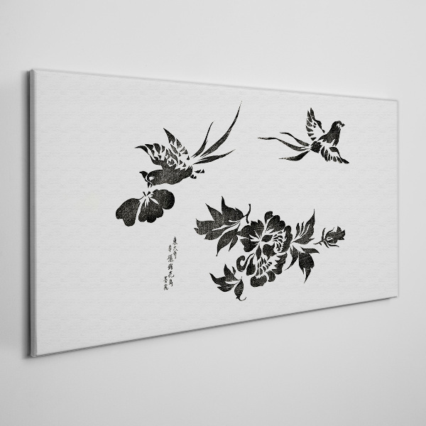 Tablou canvas Păsări și flori în alb și negru
