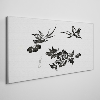 Tablou canvas Păsări și flori în alb și negru