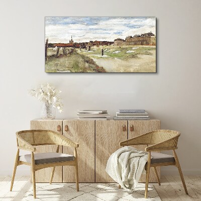 Tablou canvas Peisaj cu figuri pe fundalul orașului