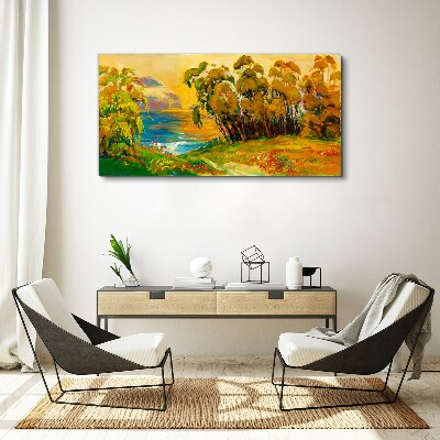 Tablou canvas Copaci de aur peste marea albastră