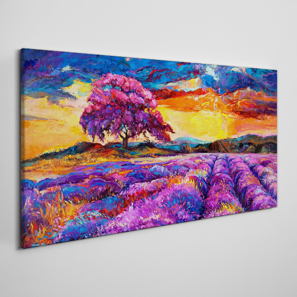 Tablou canvas Câmpuri de lavandă violet la apus