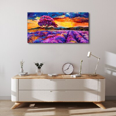 Tablou canvas Câmpuri de lavandă violet la apus